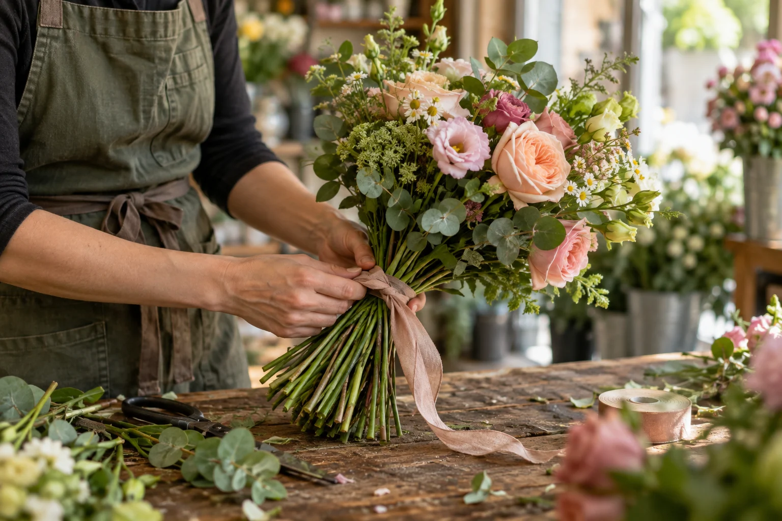 A florist wrapping a colorful bouquet at their shop workbench